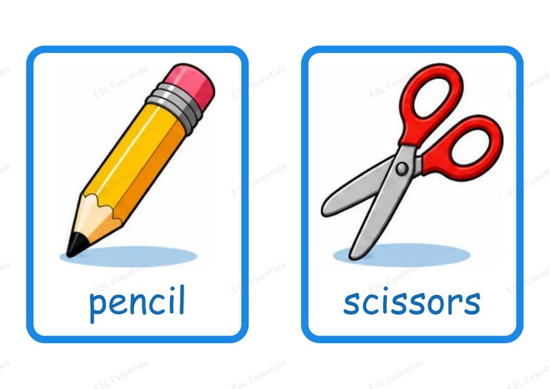 Illustrated pencil and scissors flashcards with blue borders