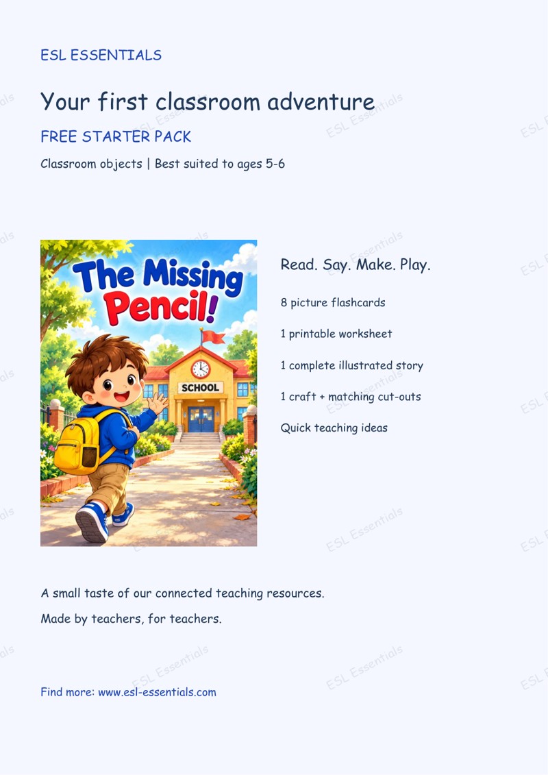 Cover of the free ESL classroom starter pack, featuring The Missing Pencil story